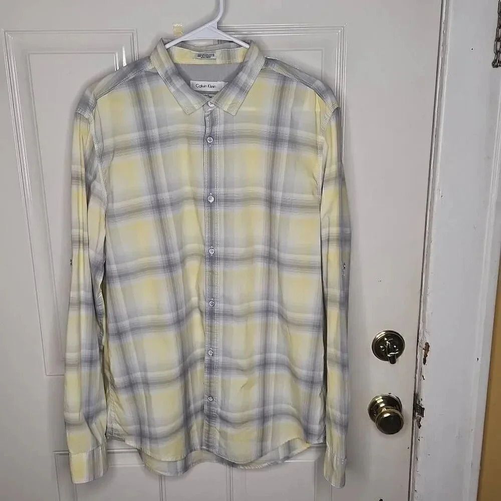 Calvin Klein classic fit long sleeve  yellow and gray  plaid shirt men's…